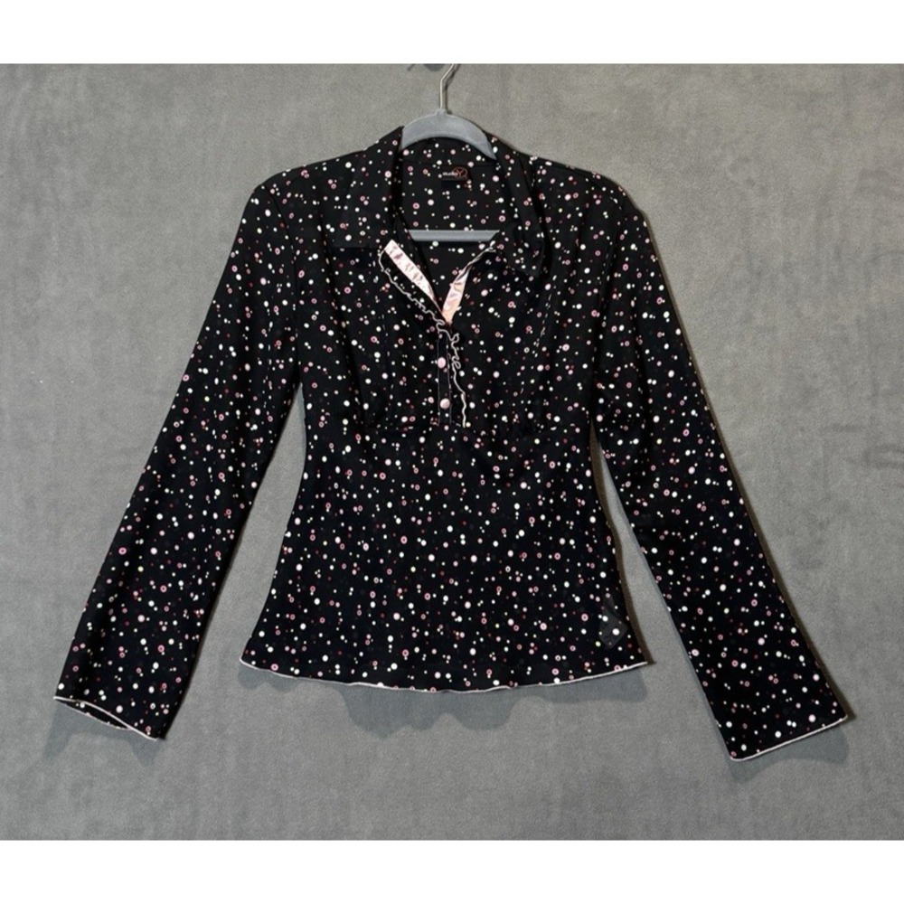 Studio Y Womens Medium Polka Dot Ruffle Blouse Long Sleeve Black Pink Y2K USA